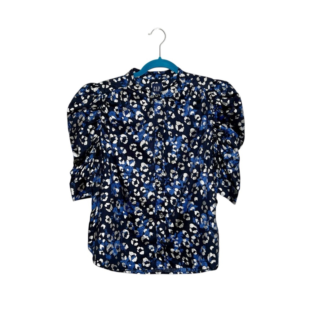 GAP Cotton Puff Sleeve Button Front Blouse Blue & Silver Size Medium - Picture 2 of 12